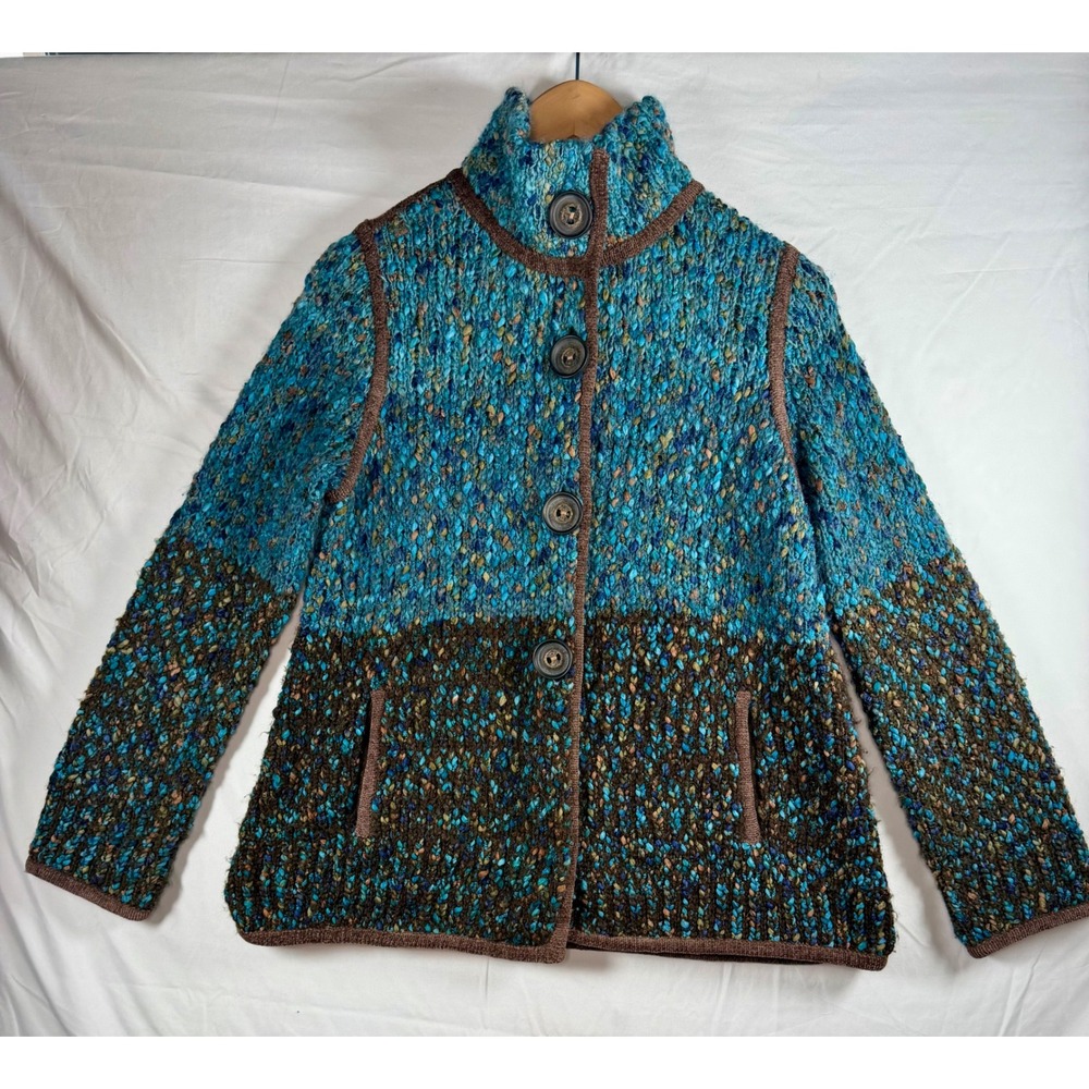 Vintage Curio chunky‎ teal & brown button up sz s sweater y2k grandmacore boho